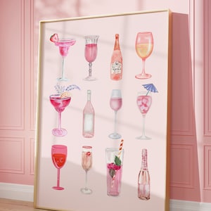 Retro Watercolor Champagne Cocktail Poster-aesthetic Girly Bar Cart Art ...