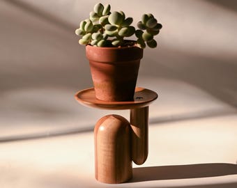May include: A small terracotta pot containing a green succulent plant, resting on a circular wooden platform supported by a smooth, arched wooden base with a cylindrical pillar, featuring natural wood grain and warm brown tones throughout.