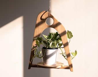 Indoor plant hanger, atomic retro, mid-century modern, handmade hanging planter, solid wood window shelf