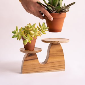 Multi-tier mini solid teak wood handmade plant stand, mid-century modern, indoor small plant stand, home decor, jewelry holder, catch all image 2