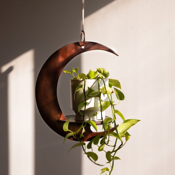Moon shaped plant hanger, handmade, solid wood