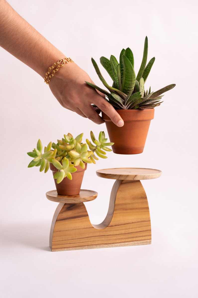 Multi-tier mini solid teak wood handmade plant stand, mid-century modern, indoor small plant stand, home decor, jewelry holder, catch all image 2