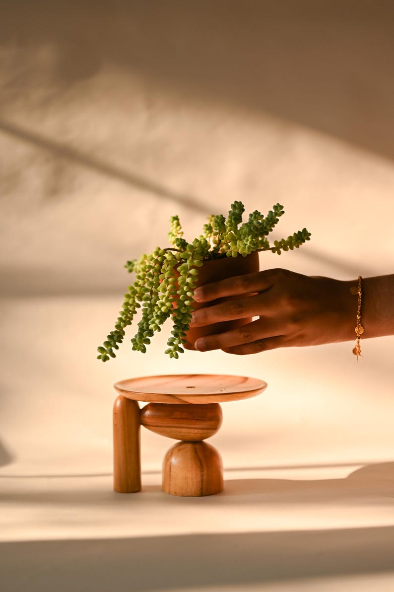 May include: A small wooden plant stand featuring a flat circular top supported by a base composed of three distinct geometric shapes, including a vertical cylinder, a horizontal oval, and a rounded dome, all in a warm, natural wood grain finish.