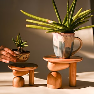 May include: Two wooden plant stands with round tops and sculptural bases. One stand is shorter than the other. A ceramic mug with a green plant sits on the taller stand, while a small ceramic pot with a plant is held near the shorter stand.