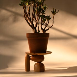 May include: A green succulent plant in a brown terracotta pot resting on a wooden stand. The stand features a flat circular top supported by a vertical cylindrical leg, a horizontal oval-shaped piece, and a rounded dome-shaped base component.