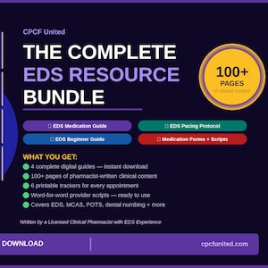 Op de afbeelding: Een digitaal bronnenpakket getiteld The Complete EDS Resource Bundle van CPCF United. Het bevat vier gidsen: EDS Medication Guide, EDS Pacing Protocol, EDS Beginner Guide en Medication Forms + Scripts, met in totaal meer dan 100 pagina's aan inhoud.