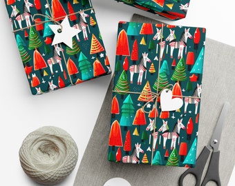 May include: Three gift boxes wrapped in teal blue wrapping paper with a repeating pattern of red and green Christmas trees and black and white zebras. The boxes are tied with twine and have white paper gift tags.