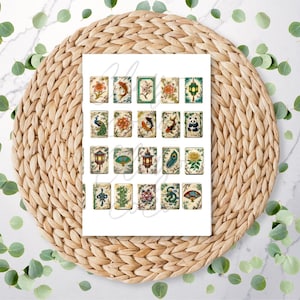 May include: A collection of vintage-style rectangular cards featuring various Asian-inspired illustrations. The cards showcase images of flowers, animals, and lanterns, with a neutral color palette and decorative borders. The cards are arranged on a woven, circular placemat.
