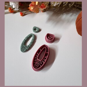 May include: An overhead shot displays four polymer clay cutters in shades of green and pink. The cutters are in the shapes of an oval, a small circle, and a flower. The oval cutter is approximately 5 cm long.