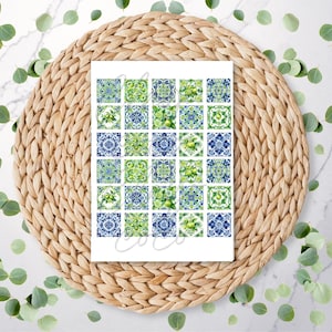 May include: A rectangular sheet featuring a grid of twenty-five square tiles. The tiles alternate between patterns of blue and white floral motifs and illustrations of green limes with leaves, arranged in a repeating five-by-five pattern.