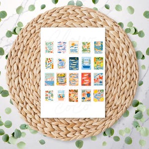 May include: A rectangular sticker sheet featuring twenty individual illustrations of sardines, fish, and coastal motifs in vibrant colors. Each small rectangular design includes various marine-themed graphics, seafood imagery, and text elements like Sunny Little Fish and Sea Salt Sunlight.