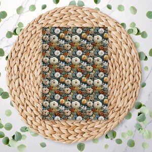 May include: A digital printable pattern featuring a floral design with white, orange, and brown flowers on a dark green background.