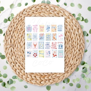 May include: A white card with various beach-themed illustrations in bright colours, such as cocktails, fish, and fruit. The card rests on a circular woven placemat, with green leaves scattered around. The word "Coco" is written in cursive.