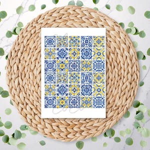 May include: A rectangular print featuring a grid of thirty square tiles with intricate blue and yellow floral and geometric patterns. The design consists of five rows and six columns of repeating motifs, displayed on a white background.