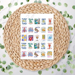 May include: A collection of Italian-themed stickers featuring images of lemons, lobsters, and coastal scenes. The stickers include text such as "Ciao Bella" and "Limoné". The stickers are displayed on a white background, with a woven mat and green foliage.