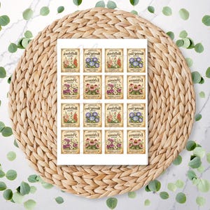 May include: A sheet of vintage-style seed packet labels featuring various floral illustrations. The labels have a beige background with detailed drawings of flowers in shades of red, purple, and blue. The labels are arranged on a white background, atop a woven mat.