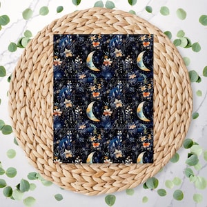 May include: A seamless pattern featuring a dark blue background with gold and orange floral designs and crescent moons. The pattern is perfect for fabric, wallpaper, or wrapping paper.
