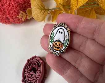 Cortador de arcilla con forma de camafeo de calabaza fantasma / Pendientes de arcilla polimérica / Halloween / Temporada espeluznante / Otoño / Marco / Creación de joyas DIY / CTR746