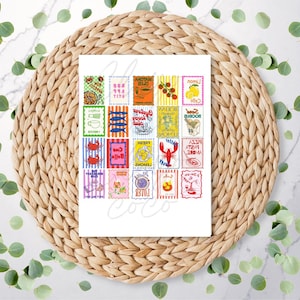 May include: A white print featuring a collection of colourful postage stamps with various food-related illustrations. The stamps are arranged in a grid pattern and are set against a woven, circular background.