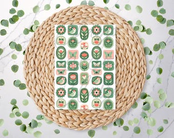 Green Nature Charm Sheet  | Floral | Cottage Core | Birds | Sun | Folk | Polymer Clay Transfer Sheet | Water Soluble Transfer Paper | RA141
