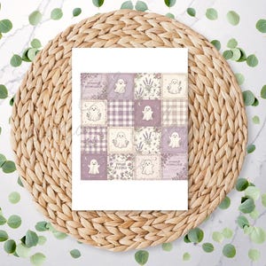 May include: A rectangular print featuring a grid of sixteen squares with a lavender and cream color palette. The design includes illustrations of small ghosts, floral patterns, and checkered backgrounds with text reading Romantic Halloween.