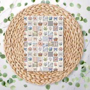 May include: A rectangular card featuring a grid pattern of illustrations including sailboats, seashells, woven baskets, blue bows, lavender sprigs, and floral bouquets in shades of blue, pink, and brown on a cream background.