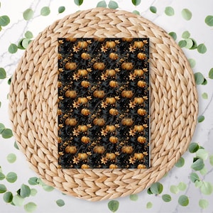 May include: A rectangular print featuring a repeating pattern of orange pumpkins and scattered autumn leaves set against a dark black background. The design displays multiple small pumpkins arranged in a grid-like formation across the surface.
