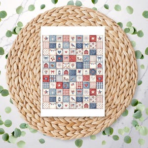 May include: A decorative print featuring a patchwork design with red, white, and blue squares. Each square showcases patriotic motifs like stars, hearts, flags, and bows. The print is displayed on a woven placemat with eucalyptus leaves scattered around.