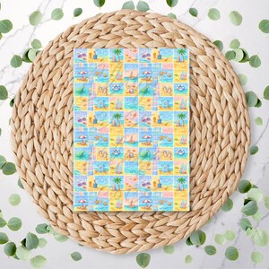 May include: A rectangular sheet of paper featuring a repeating grid pattern of colourful summer beach illustrations, including palm trees, surfboards, beach umbrellas, flip-flops, and life preservers in shades of blue, yellow, pink, and orange.