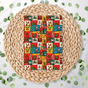 May include: A rectangular card featuring a repeating patchwork pattern of Christmas-themed illustrations including Santa Claus, decorated pine trees, bells, rocking horses, and houses in vibrant shades of red, green, yellow, and blue.
