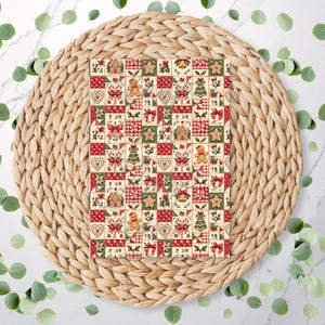 May include: A rectangular card featuring a repeating grid pattern of Christmas motifs including gingerbread people, houses, candy canes, stars, bells, and red bows, set against a cream background with alternating red and green checkered squares.