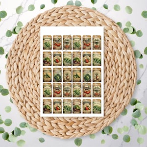 May include: A sheet of vintage-style seed packet stickers featuring various vegetables like peas, tomatoes, and carrots. The stickers are arranged in rows and columns, with each packet displaying a different illustration and text. The background is a woven mat.