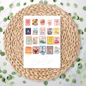May include: A rectangular sheet of twenty individual stickers featuring colourful summer-themed illustrations including flowers, a beach bag, a flamingo, a campfire, a surfboard, a lighthouse, a lobster, a vintage car, and various cocktails.