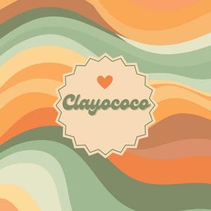 May include: A retro-style graphic with wavy stripes in shades of orange, green, and beige. A cream-colored, starburst-shaped emblem features the text "Clayococo" in green script, topped with a small orange heart.
