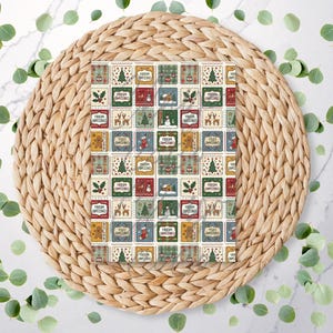 May include: A rectangular card featuring a repeating grid pattern of festive Christmas-themed squares. Each square displays illustrations of reindeer, gingerbread men, snowmen, Christmas trees, holly, and stockings in red, green, and gold.
