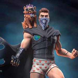 May include: A stylised figurine of a muscular character wearing a black vest, a blue patterned bandana mask, and white boxer briefs with red hearts. A small cat wearing a purple crown and sunglasses sits on the shoulder. The figure has a black cape.