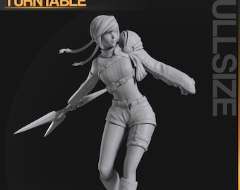 May include: A gray 3D printed figurine of a female character with short hair, wearing a short-sleeved shirt, shorts, and boots. She is holding a weapon in her right hand. The figurine is standing on a circular base. The image is labeled "FULL SIZE" and "TURNTABLE".