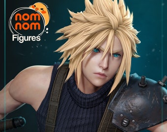 May include: A detailed figurine of a character with spiky blond hair, wearing a blue turtleneck sweater, brown leather straps, and a metal arm guard. The character has blue eyes and a serious expression.