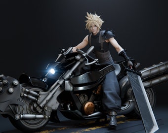May include: A black motorcycle with a detailed design, featuring a rider in a black leather jacket and blue pants. The motorcycle has a large, silver sword attached to the side.
