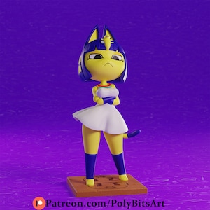 May include: A yellow cat figurine with blue hair wearing a white dress and a gold necklace. The figurine is standing on a brown base with hieroglyphics. The background is purple.