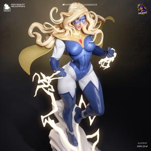 May include: A detailed figurine of a female superhero in a dynamic pose. She wears a blue and white costume with a gold cape and mask. The figure is surrounded by stylized lightning bolts, with the text "HIGH-QUALITY PRE-SUPPORTS" visible.