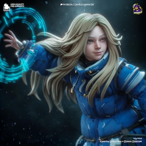 Könnte beinhalten: Detaillierte Figur einer Frau mit langen blonden Haaren, die ein blaues futuristisches Outfit trägt. Die Figur ist mit einem ausgestreckten Arm posiert und interagiert mit einem leuchtenden blauen Energieeffekt. Der Text "HIGH-QUALITY PRE-SUPPORTS" und "PATREON.COM/BULKAMANCER" ist enthalten.
