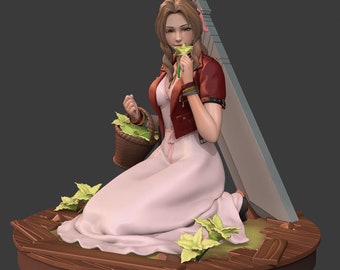 May include: A figurine of a woman in a long pink dress and red jacket, kneeling on a wooden platform. She holds a flower and a basket of leaves. A large sword is behind her.