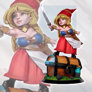 May include: A red-hooded figurine of a woman holding a knife, standing on a wooden treasure chest with a lock and a bottle. The figurine is wearing a blue and white top and a red skirt.