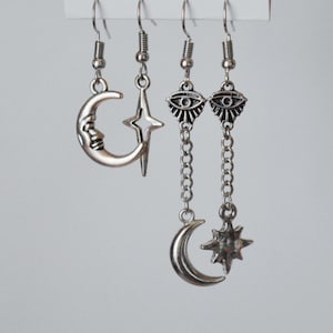 Eyes to the Skies Silver Earrings - **ONE OF ONE** (~unique, unusual celestial moons and stars, astrology. Repurposed, sustainable pieces~)