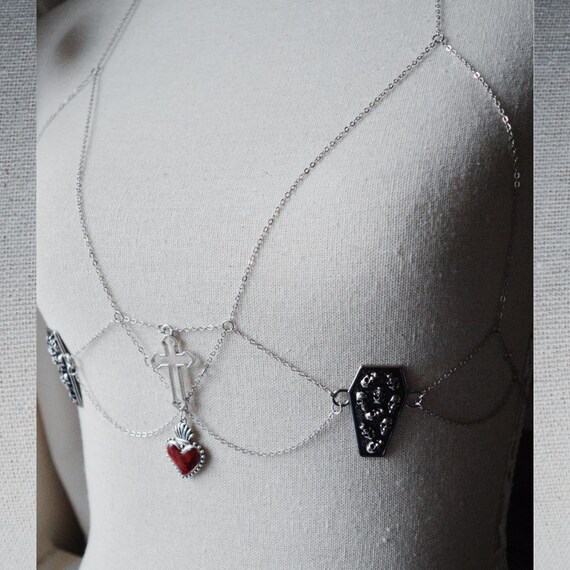 Silver Chain Bralette: Gothic Cross, Coffin, Sacred Heart Charms
