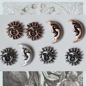 Puede incluir: Un conjunto de seis pendientes de tono plateado y dorado con un diseño de sol y luna creciente. Los pendientes son pequeños y delicados, perfectos para el uso diario.