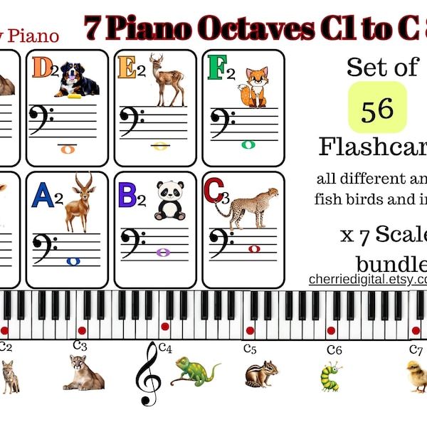 Music Flash 56 Cards Bundle, Piano Notes Eight Octaves, Keyboard Piano Notes, Animals Early Education Music Class Piano Lessons Tool