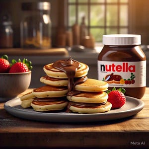 Op de afbeelding: Een stapel goudbruine pannenkoeken bedekt met chocolade-hazelnootpasta, met een pot Nutella op de achtergrond. Een kom met verse aardbeien staat op de voorgrond.