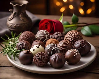 Op de afbeelding: Een bord met verschillende chocoladetruffels, sommige met sprinkels, sommige met witte chocolade en sommige met een gladde afwerking. De truffels zijn gerangschikt op een wit bord met een takje rozemarijn.